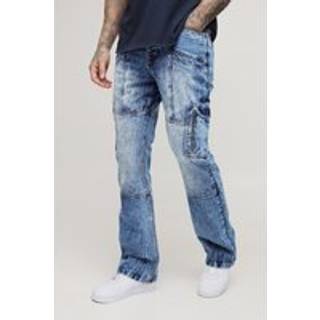 Mens Antique Wash Tall Acid Wash Panel Cargo Flared Jeans
