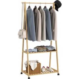 HOMCOM Bamboo Clothes Rack, with Shelves and Hooks - Natural Finish