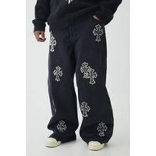 Mens Washed Black Plus Baggy Leopard Cross Applique Jeans