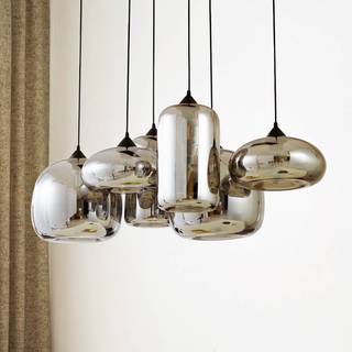 Lindby hængelampe Marla, 6 lyskilder, glas, røgfarvet grå, 108 cm