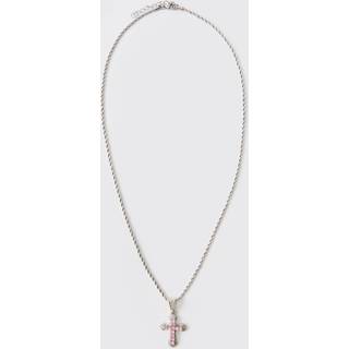 Mens Silver Iced Pink Cross Necklace