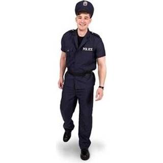 1 stk. Politibetjentkostume, navy blå, størrelse L, inkluderer uniform, kasket og bælte, perfekt til udklædningsfester og temafe