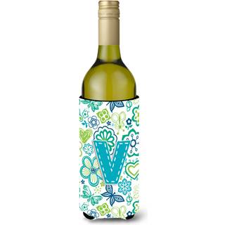 Brev V blomster og sommerfugle Teal Blue Wine Bottle Beverage Isulator Hugger CJ2006-Vliterk