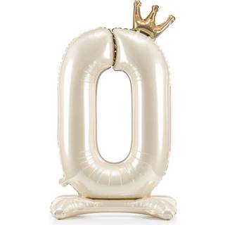 Folieballon Nummer 0 Lys Creme Satin Guldkrone – Elegant Festdekoration 84 cm