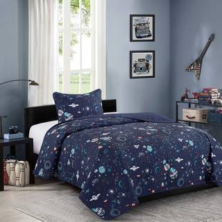 WPM WORLD PRODUCTS MART Blue Planet Universe Theme Kids Quilt S?t Toddler Stars Space Galaxy Rocket Design Twin Size til Toddler Seng Senget?ppe