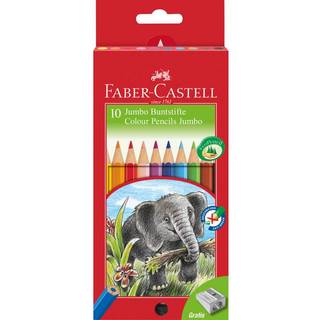Faber-Castell Farveblyanter Jumbo 10 stk + spidser Elephant Pakken indeholder 10 stk Jumbo farveblyanter i klassiske farver samt en medfølgende gratis blyantspidser.