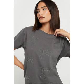 PixieGirl Petite PixieGirl Petite Charcoal Grey Bow Studded 100% Cotton T-Shirt
