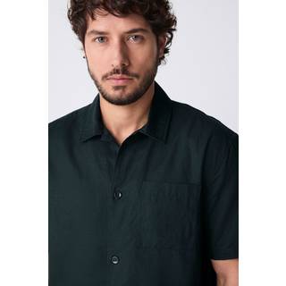 Next Black Standard Collar Cotton Linen Blend Short Sleeve Shirt
