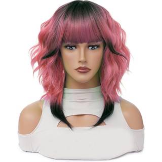 Ailsa Curly Bob Wig med smell til kvinder - kort bølget skulderlængde syntetisk hår til daglig fest eller cosplay brug (lyserød 12inch)