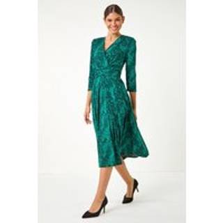 Roman Roman Green Mock Wrap Animal Midi Dress