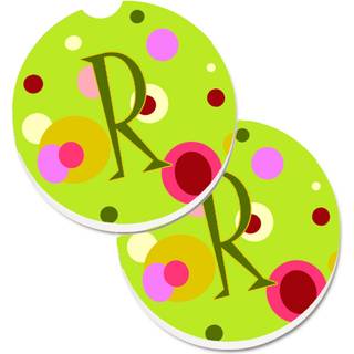 """" Caroline's Treasures Letter R Monogram - Lime Green Set med 2 Cup Holder Car Coasters CJ1010 -RCARC 2.56 Multicolor """"