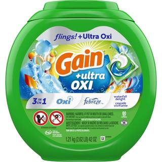 Gain flings Ultra Oxi vaskemiddel Pacs 60 Count Waterfall Delight Scent 3-i-1 HE-kompatibel