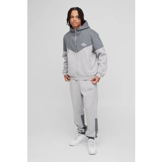 Mens Light Grey Regular Fit Man Diamond Colour Block Zip Through Hooded Tracksuit