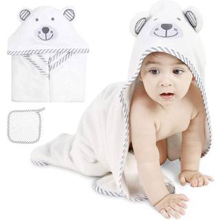 Hooded Baby Bath Towel with Washcloth, Organic Cotton Fiber, Cute Bear Ear Design, White Soft Breath