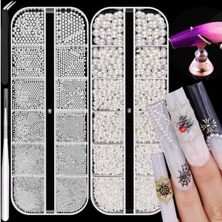 2 kasser fladback perler (hvid) og metal negleperler (sølv) til neglekunst luksuriøs perle negle charme og små runde kaviar perler negletilbehør