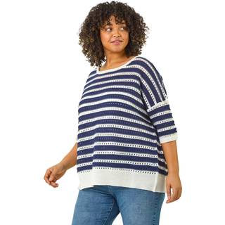 Roman Roman Blue Curve Crochet Stripe Knit Top