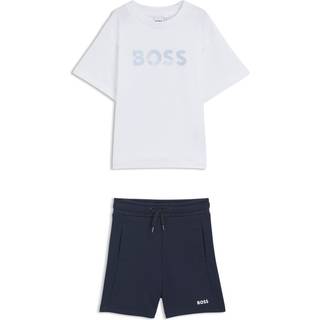 BOSStil drenge. J52063 Hvide, marineblå shorts og t-shirt-sæt (12años= 150cm), Casual, Bomuld, Polyester, Korte ærmer, børnetøj