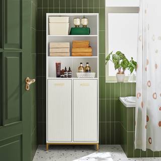 SoBuy badeværelses højskab med vasketøjskurv - hvid/guld