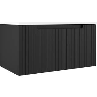 Tvättställsskåp Ribb Svart Matt 80 cm med Handfat Vit Blank