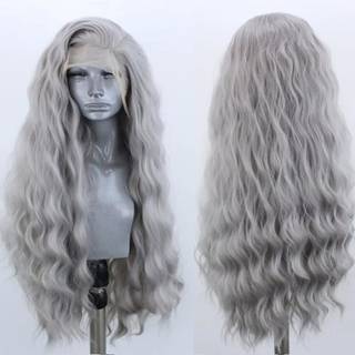 Elesty lang bølget grå hår syntetisk blonder foran paryk til kvinder pree del løs krøllet glueless blonder paryk naturlig udseende varmebestandig