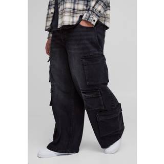 Mens Washed Black Plus Extreme Cargo Baggy Flared Jeans