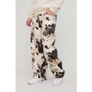 Mens Brown Baggy Fit Cow Print Denim Jeans