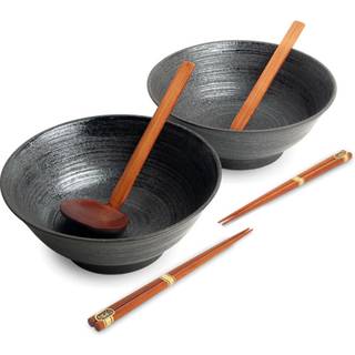 Japansk ramen skålsæt, 6 dele, komplet til 2 personer - Uzu sort Ø22 cm