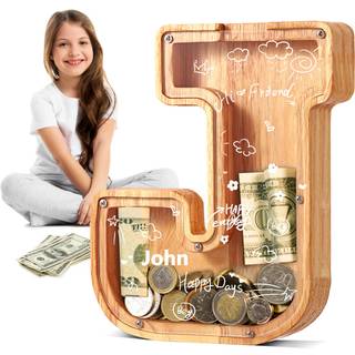 Ubeesize Wooden Letter Piggy Bank for Boys Girls 26 Personaliserede Alphabet Money Bank Coin Bank F?dselsdagsgave til b?rneb?rns gave (J)