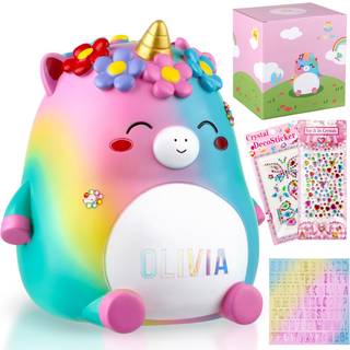 Veewyree Unicorn Piggy Bank Girls - Cute Rainbow Kids Piggy Bank for Girls Personaliseret ubrydelig harpiksmønterpenge til børn med klistermærker