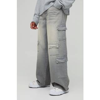 Mens Grey Tall Multi Pocket Baggy Cargo Jeans