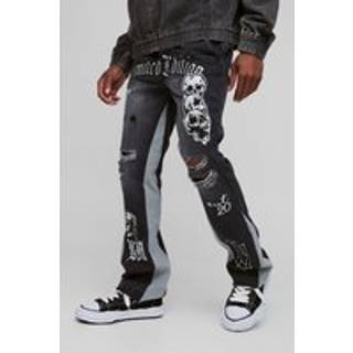 Mens Washed Black Slim Rigid Flared Ripped Varsity Badge Gusset Jeans