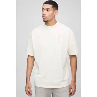 Mens Ecru Oversized Heavyweight Extended Neck Line Drawn Floral Graphic T-Shirt