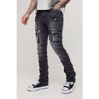 Mens Grey Tall Stacked Multi Cargo Pocket Flared Jeans