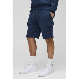 Mens Navy 260GSM Loopback Basic Slim Fit Mid Length Cargo Shorts
