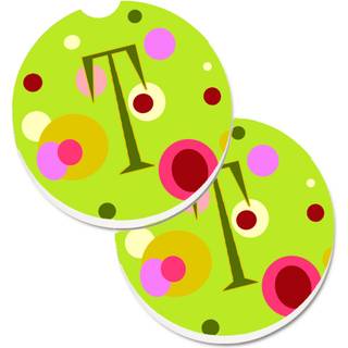 """" Caroline's Treasures Letter T Monogram - Lime Green Set med 2 Cup Holder Car Coasters CJ1010 -TCARC 2.56 Multicolor """"