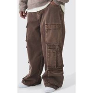 Mens Chocolate Plus Baggy Fit Washed Multi Pocket Cargo Jeans
