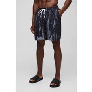 Mens Black Regular Fit Mid Length Abstract Leaf Print Swim Short