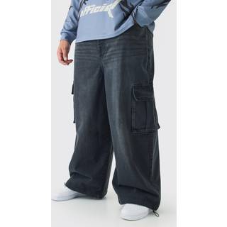 Mens Washed Black Plus Denim Cargo Parachute Jeans