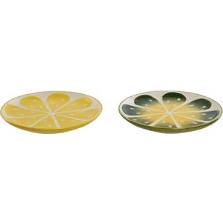 Flad Plade Home ESPRIT Gul Grøn Stentøj Citron 22,5 x 22,5 x 2,5 cm (2 enheder)