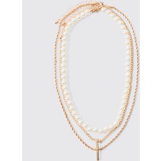 Mens Layered Pearl Necklace With Cross Pendant in Gold