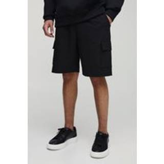 Mens Black Elasticated Waist Relaxed Technical Stretch Cargo Shorts