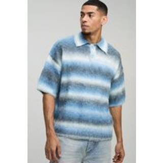 Mens Blue Oversized Brushed Stripe Short Sleeve Knitted Polo