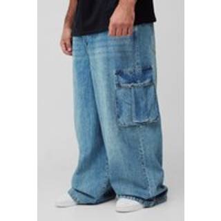 Mens Antique Blue Plus Denim Cargo Parachute Jeans with Pleat Waist Detail