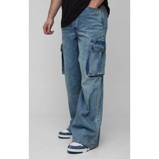 Mens Antique Blue Tall Denim Cargo Parachute Jeans with Pleat Waist Detail