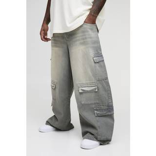 Mens Grey Plus Multi Pocket Baggy Cargo Jeans