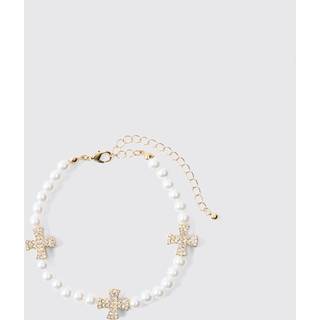 Mens White Pearl Bracelet With Iced Cross Charms
