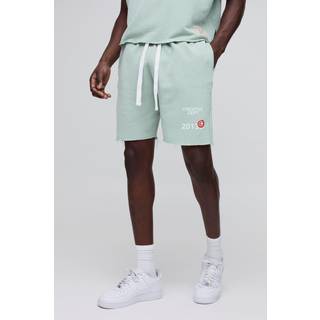 Mens Green Relaxed Fit Print Short Length Washed Shorts