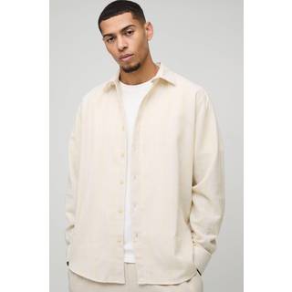 Mens Yellow Oversized Linen Look Embroidery Striped Collared Shirt