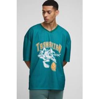 Mens Green Oversized Taz Mania Varsity Mesh License Print T-Shirt