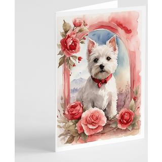 Caroline's Treasures DAC4593GCA7P Westie Terrier Valentine Roses lykønskningskortpakke med 8 blanke kort med konvolutter, finurlige A7 -størrelse